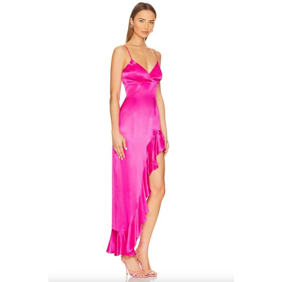 Revolve Bardot Ember Midi Dress Hot Pink High Low Asymmetrical V-Neck Large Sexy - Picture 2 of 14